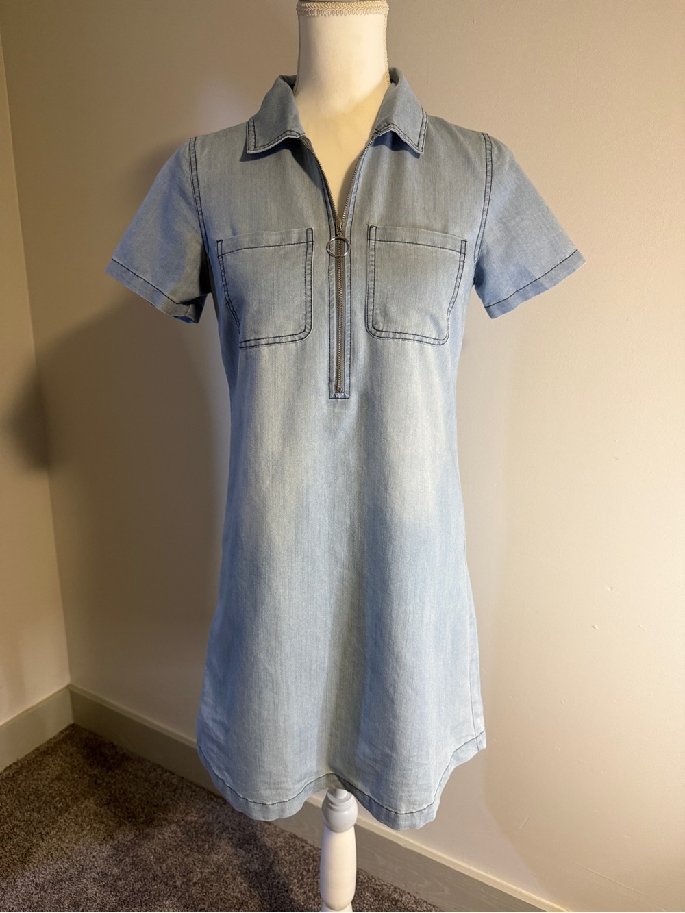 G.Kale Light Wash Denim Zip-Up Mini Dress Short Sleeve Collared Size PS